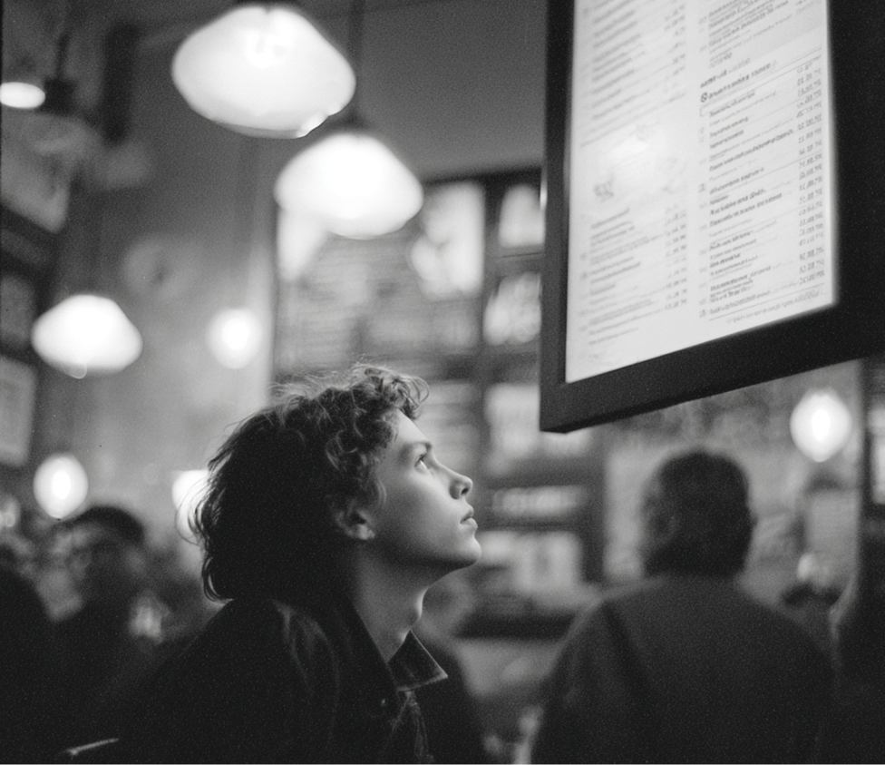 A sim on a screen displaying a menu at a café
