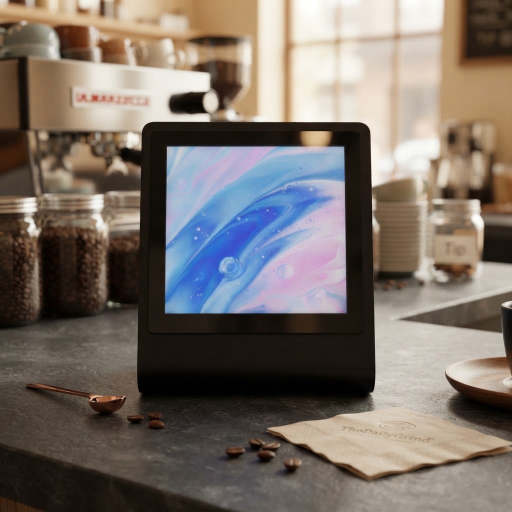 The SimPli touchscreen on a café counter beside the espresso machine