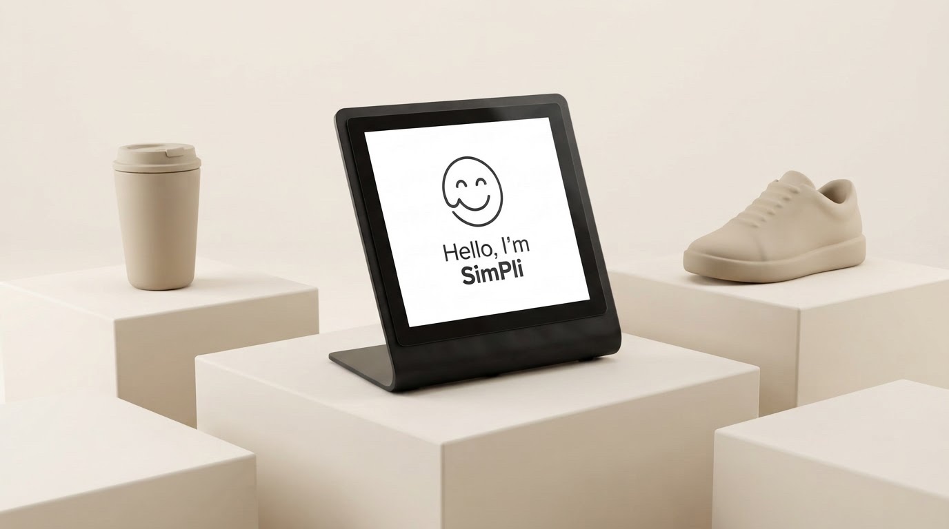 The SimPli touchscreen on a plinth between a coffee cup and a shoe