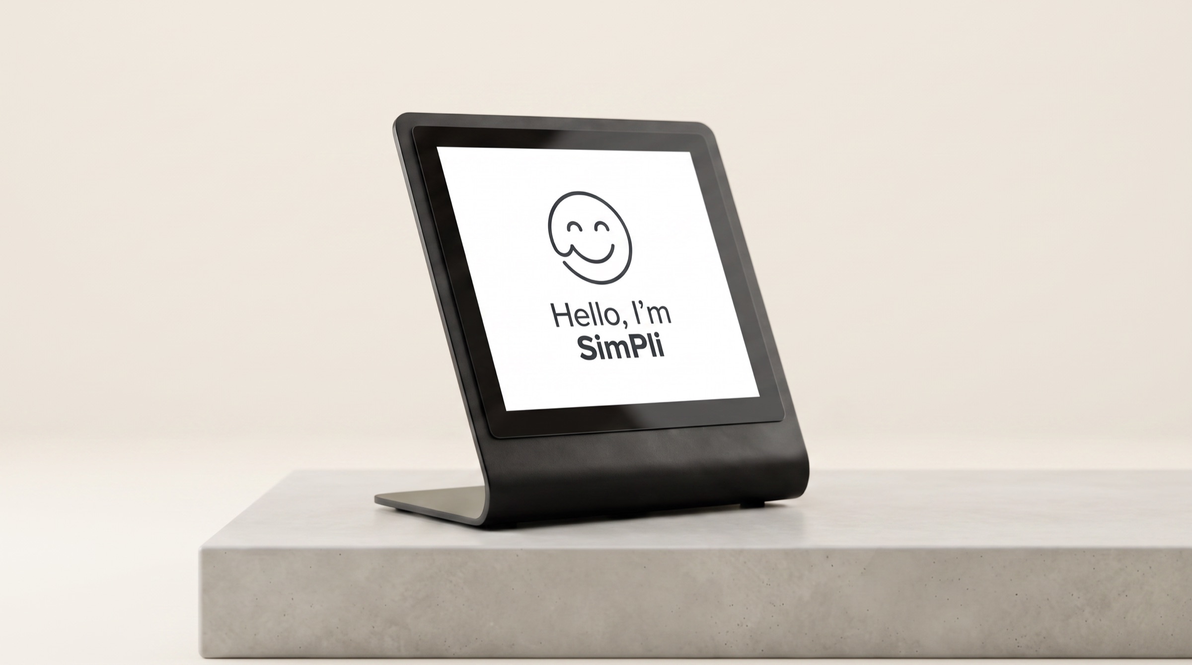 The SimPli touchscreen on a concrete plinth, its screen reading Hello, I'm SimPli